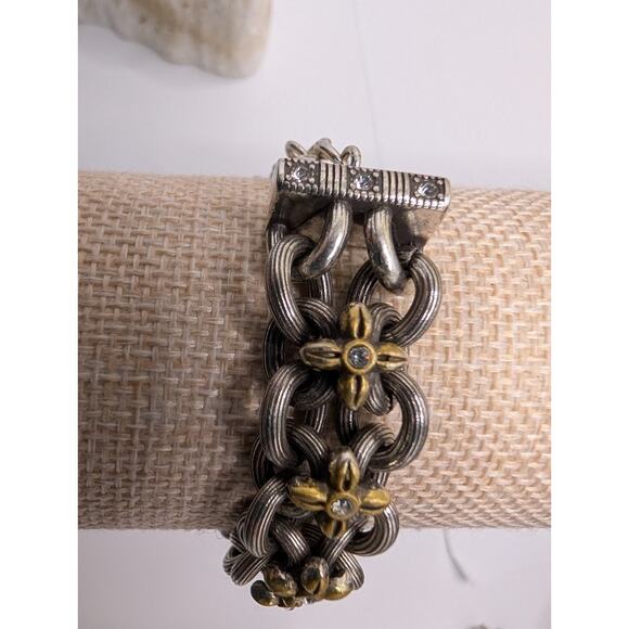 Brighton Flower Link Bracelet 7.5in Two Tone Gold Silver Crystal nice! - Picture 4 of 8